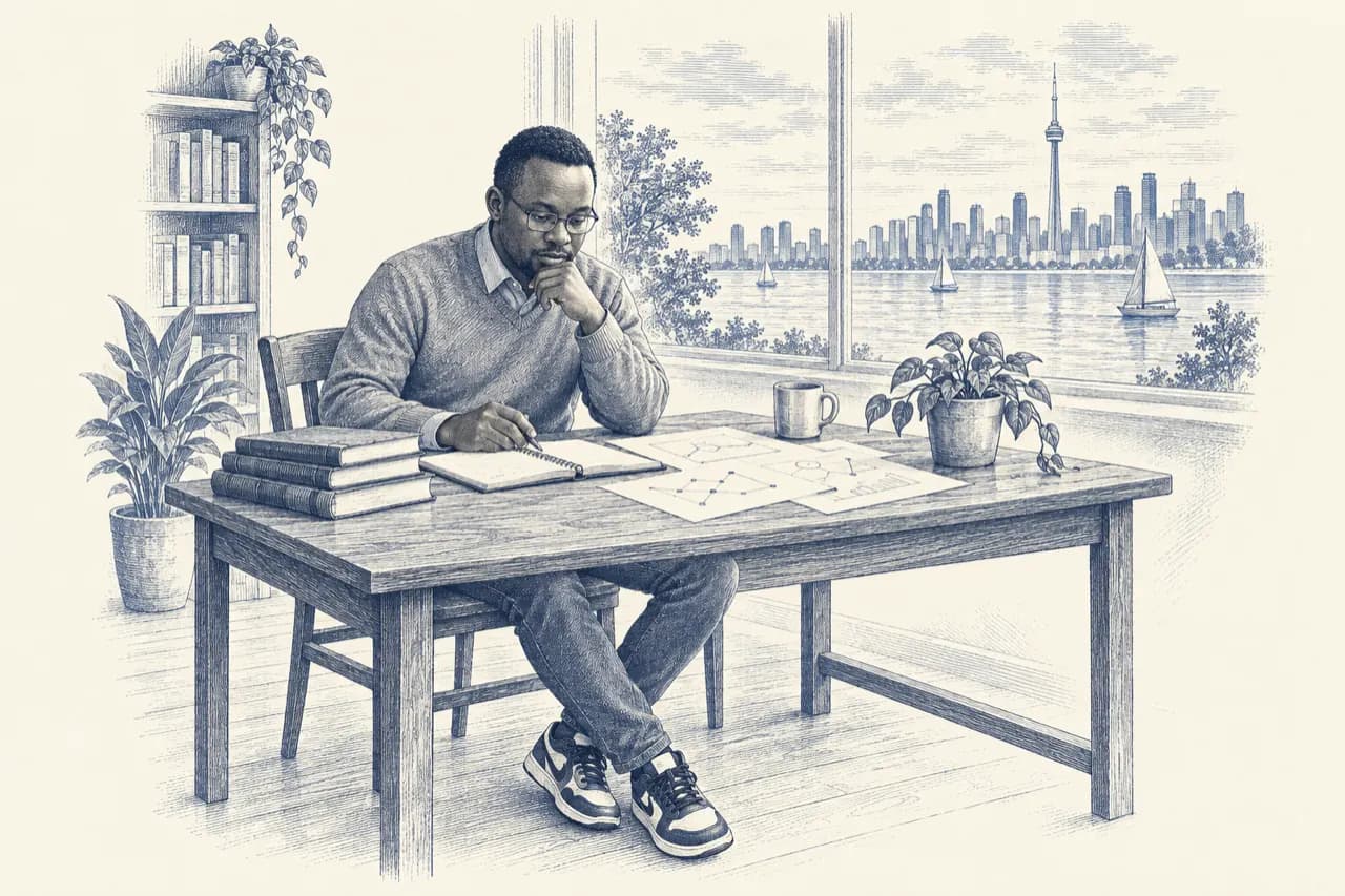 Engraved portrait of Miguel Twahirwa working at a desk, with the Toronto skyline through the window behind him.
